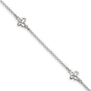 Sterling Silver Polished Butterfly Anklet w/ 1 Inch Ext.
