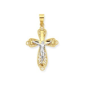 10k & Rhodium Filigree Crucifix Pendant