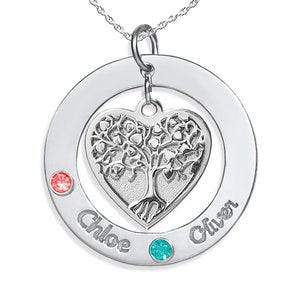 Personalized Round Family Tree Pendant with Two Birthstones & Names- Includes 18 Inch Chain