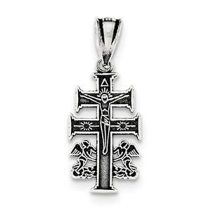 Sterling Silver Antiqued Caravaca Double Cross w/Angels Crucifix Pendant
