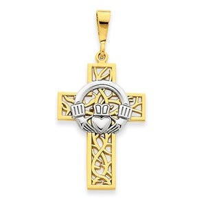 14k Two-tone Claddagh Cross Pendant