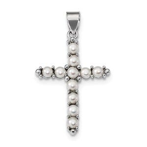 Sterling Silver Rhodium-platedFW Cultured Pearl Cross Pendant