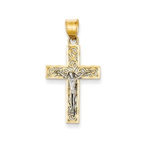 14K Two-tone D/C Small Block Filigree Cross w/Crucifix Pendant