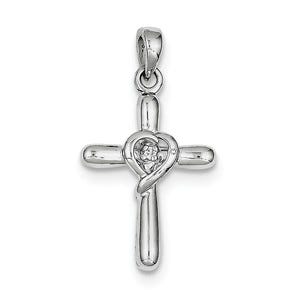 Sterling Silver Rhodium-plated White CZ Heart Cross Pendant