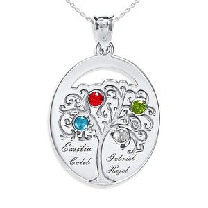Personalized Family Tree Pendant with 4 Names and Birthstones- Includes 18 Inch Chain