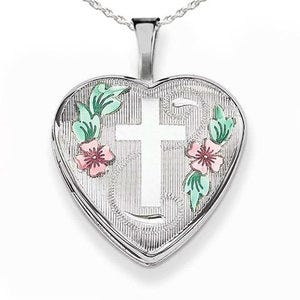Sterling Silver Enameled Cross & Flowers Heart Photo Locket
