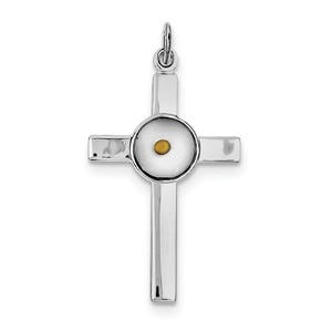 Sterling Silver Rhodium-plated Polshd & Epxy Cross w/Mustard Seed Pendant
