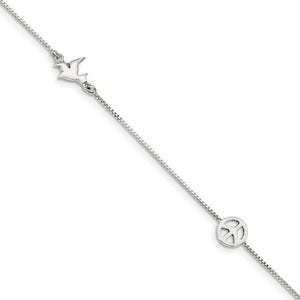 Sterling Silver Polished Dove & Peace Sign with 1in ext. Anklet