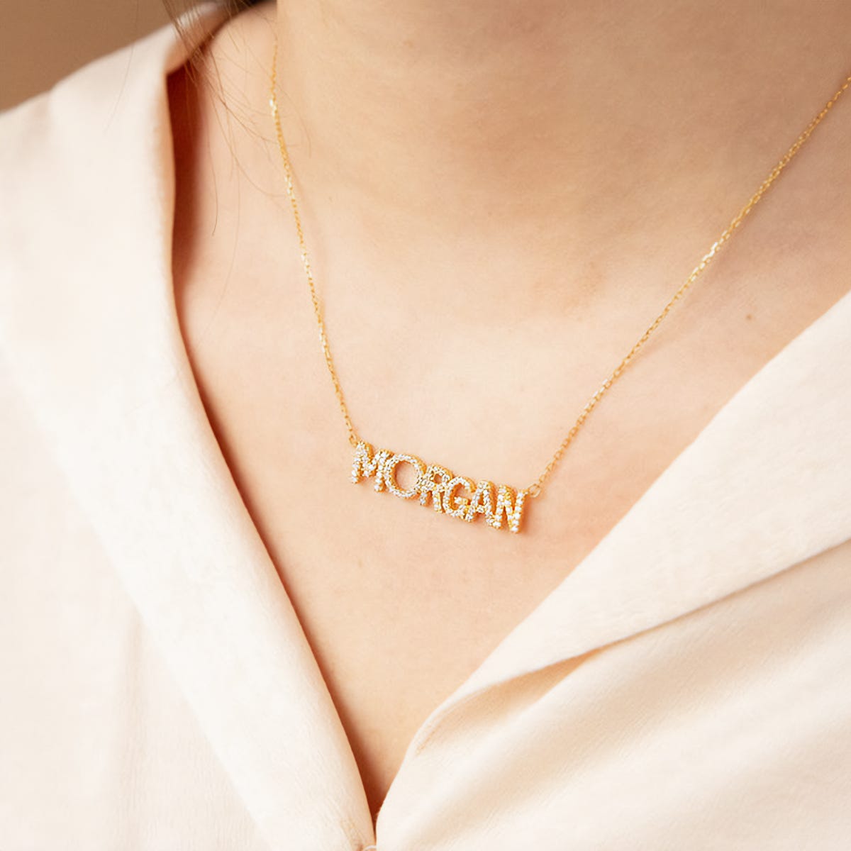 Diamond Block Name Necklace with Chain Included