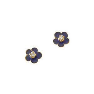 14K Yellow Gold Children's Flower Enamel Earring W/Cubic Zirconia