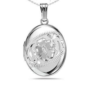 Sterling Silver Hand Engraved Oval Photo Locket - 1/2 inch x 3/4 inch Sterling Silver