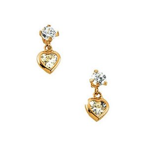 14K Yellow Gold Children's Heart Cubic Zirconia Dangle Earring