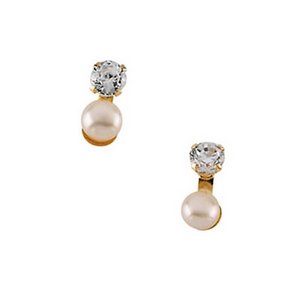 14K Yellow Gold Children's Button Earring W/Pearl And CZ