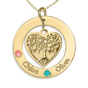 Personalized Round Family Tree Pendant with Two Birthstones & Names- Includes 18 Inch Chain