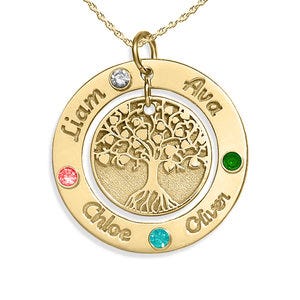 Personalized Round Family Tree Pendant with 4 Birthstones & Names