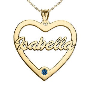 Personalized Heart Cut-Out with Pendant with Birthstone & Name- Includes 18 Inch Chain