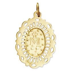 14K Yellow Gold Miraculous Medal Fancy Border Oval Pendant