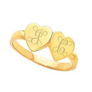 14K Gold Women's Double Heart Signet Ring