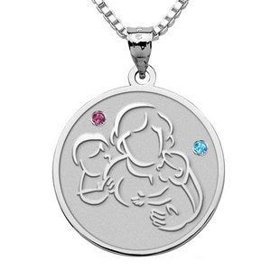 Mother with Son and Daughter - Round Pendant w/ Birthstones