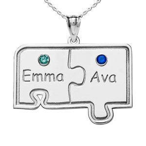 Personalized Family Two Piece Jigsaw Puzzle Pendant with Birthstones- Includes 18 Chain