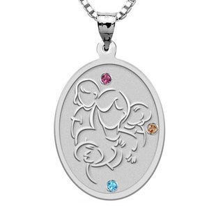 Mother with Daughter and Two Sons with Birthstones - Oval Pendant