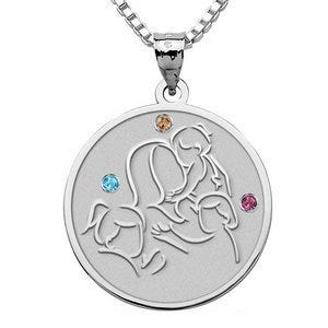 Mother with Three Daughters - Round Pendant with Birthstones