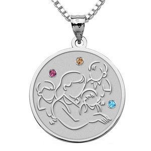 Mother with Three Sons - Round Pendant with Birthstones