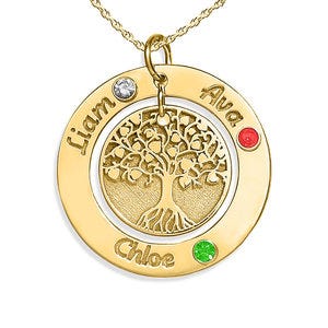 Personalized Round Family Tree Pendant with Three Birthstones & Names- Includes 18 Inch Chain