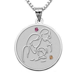 Mother with Two Daughters - Round Pendant Birthstone