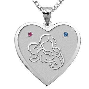 Mother with Son and Daughter Heart Pendant w/ Birthstones