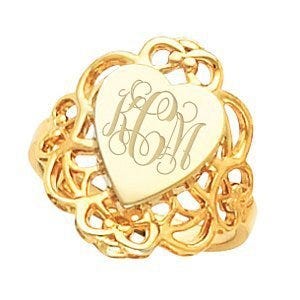 14K Gold Women's Heart Signet Ring with Filigree Design