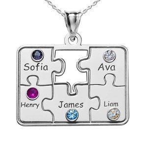 Personalized Family Five Piece Jigsaw Puzzle Pendant w/ Names & Birthstones- Includes 18 Inch Chain