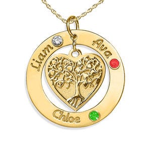 Personalized Round Family Tree Pendant with Three Birthstones & Names- Includes 18 Inch Chain