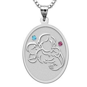 Mother with Son Daughter - Oval Pendant with Birthstones