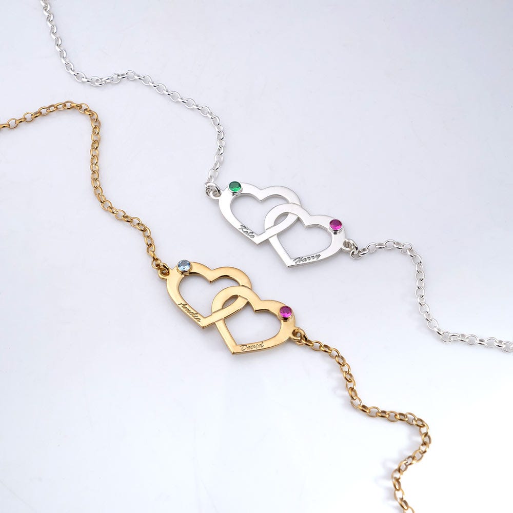 Interlocking Heart Bracelet with Two Birthstones & Two Names