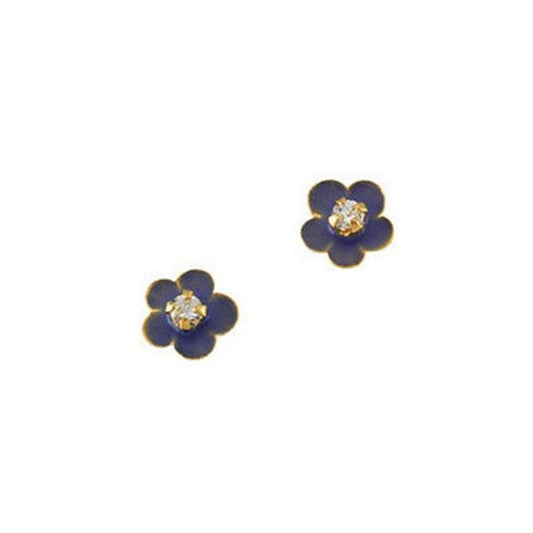 14K Yellow Gold Children's Flower Enamel Earring W/Cubic Zirconia