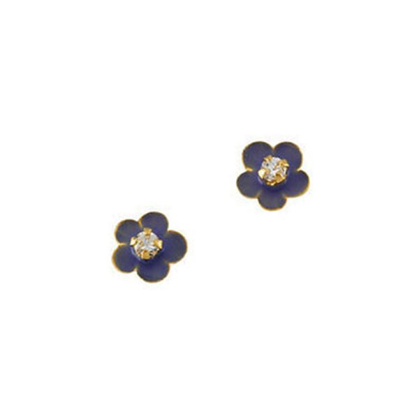 14K Yellow Gold Children's Flower Enamel Earring W/Cubic Zirconia