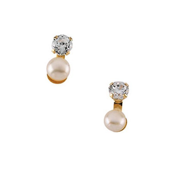 14K Yellow Gold Children's Button Earring W/Pearl And CZ