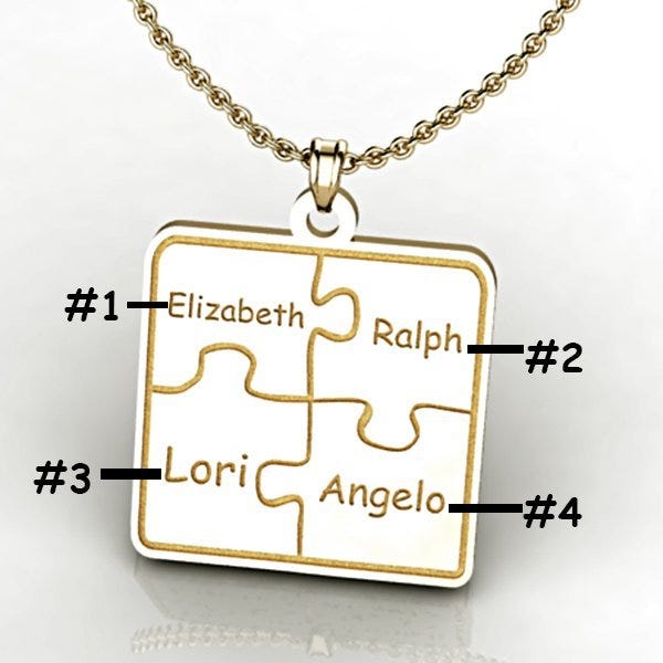 Personalized Family 4-Piece Puzzle Pendant with Names and Birthstones - Included 18 inch Chain