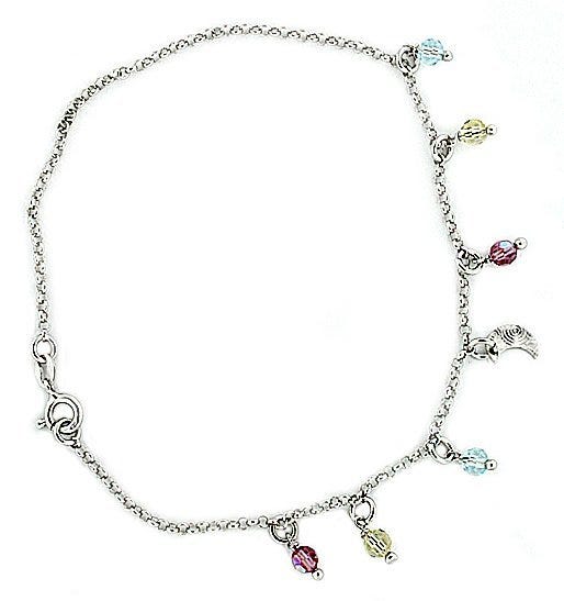 Sterling Silver Adjustable Anklet / Ankle Bracelet Multi-Color Beads