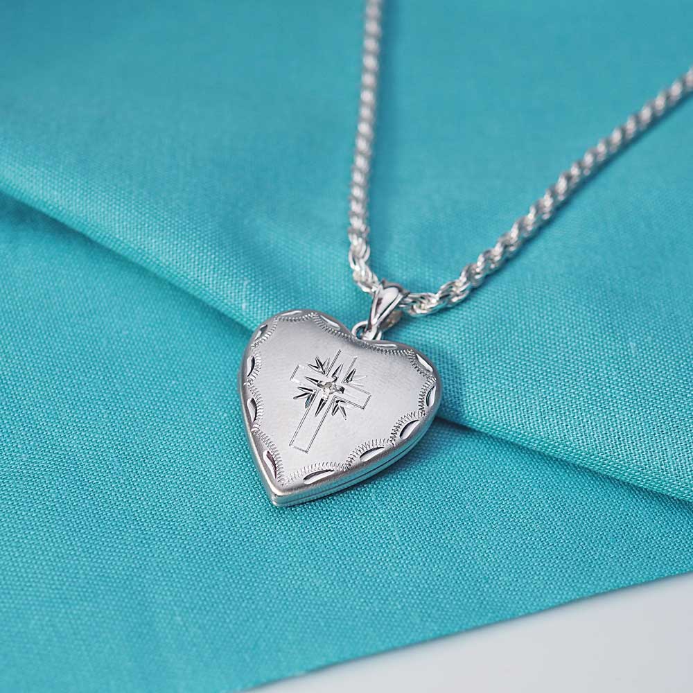 Sterling Silver Cross Heart Photo Locket with CZ