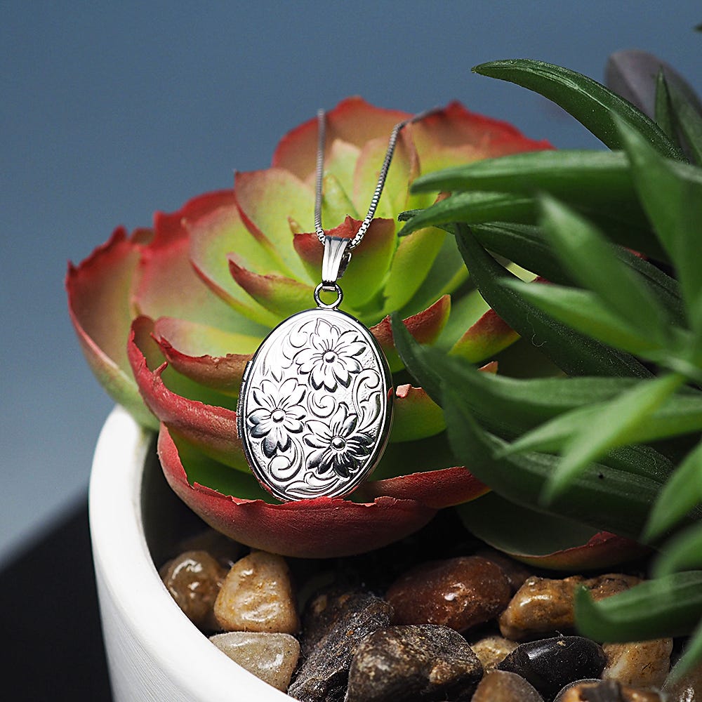 Sterling Silver Floral Oval Photo Locket