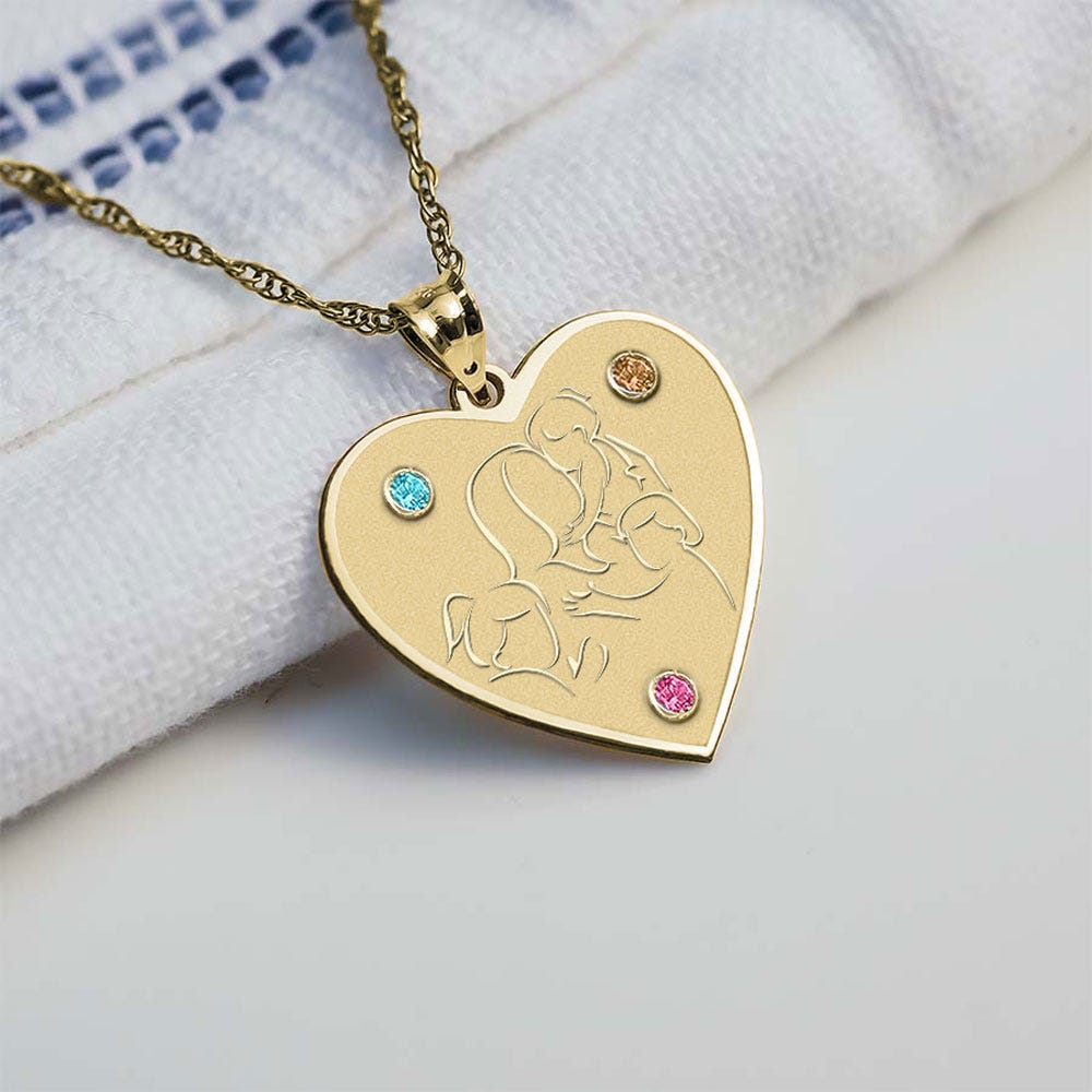 Mother with Son and 2 Daughters Heart Pendant with Birthstones