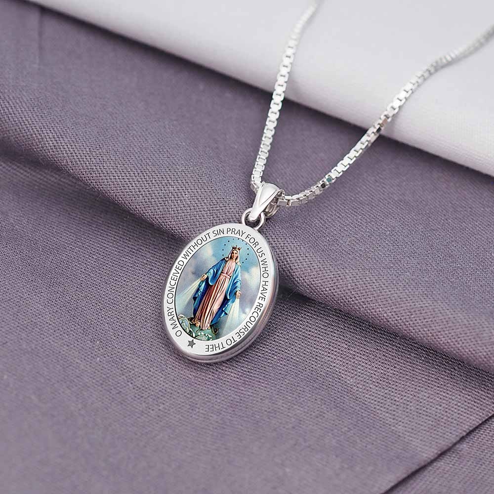 Sterling Silver Miraculous Medal Exclusive Color Oval Locket