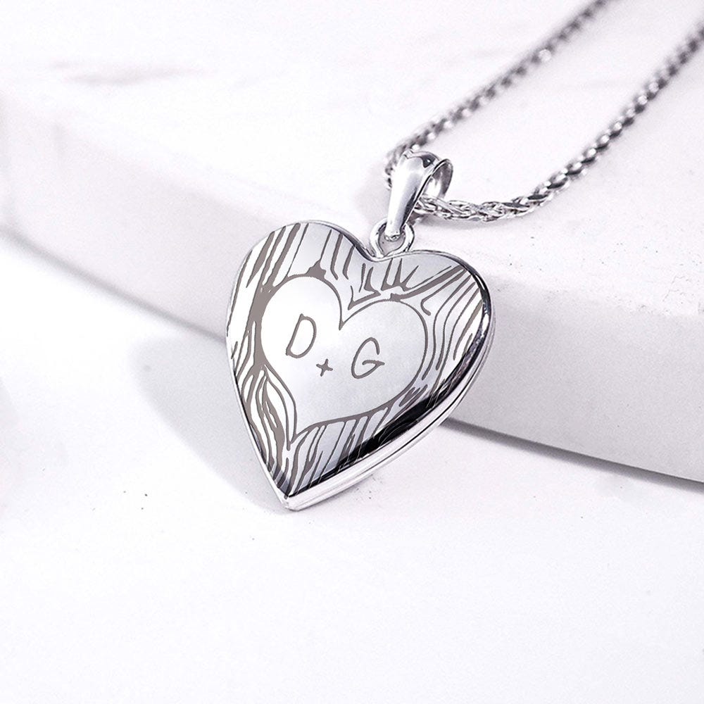 Sterling Silver Couples Tree Carving Heart Photo Locket