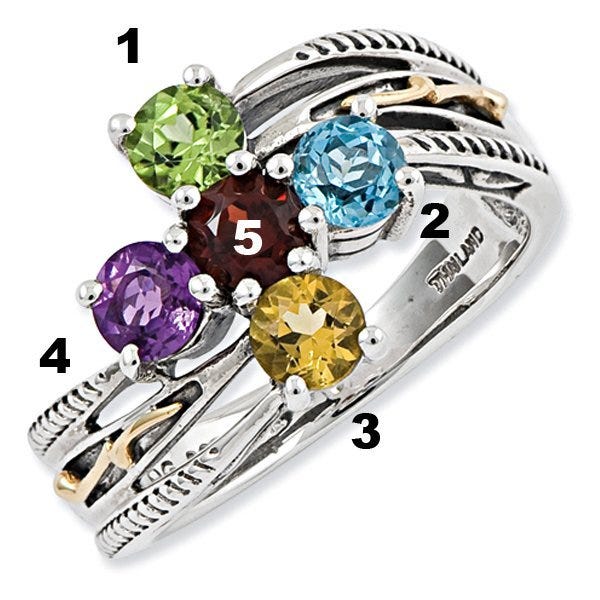 Sterling Silver & 14k Five-stone  Antiqued Mother's Ring