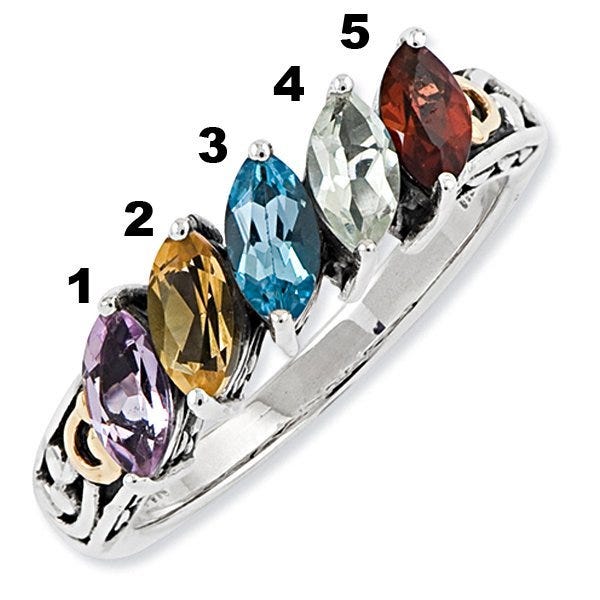 Sterling Silver & 14k Five-stone  Antiqued Mother's Ring