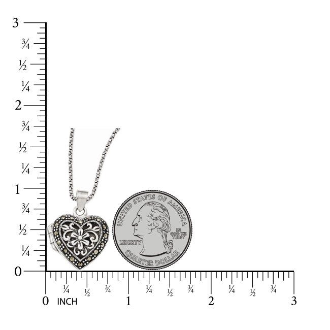 Sterling Silver Marcasite Heart Photo Locket w/ 18" Chain Necklace