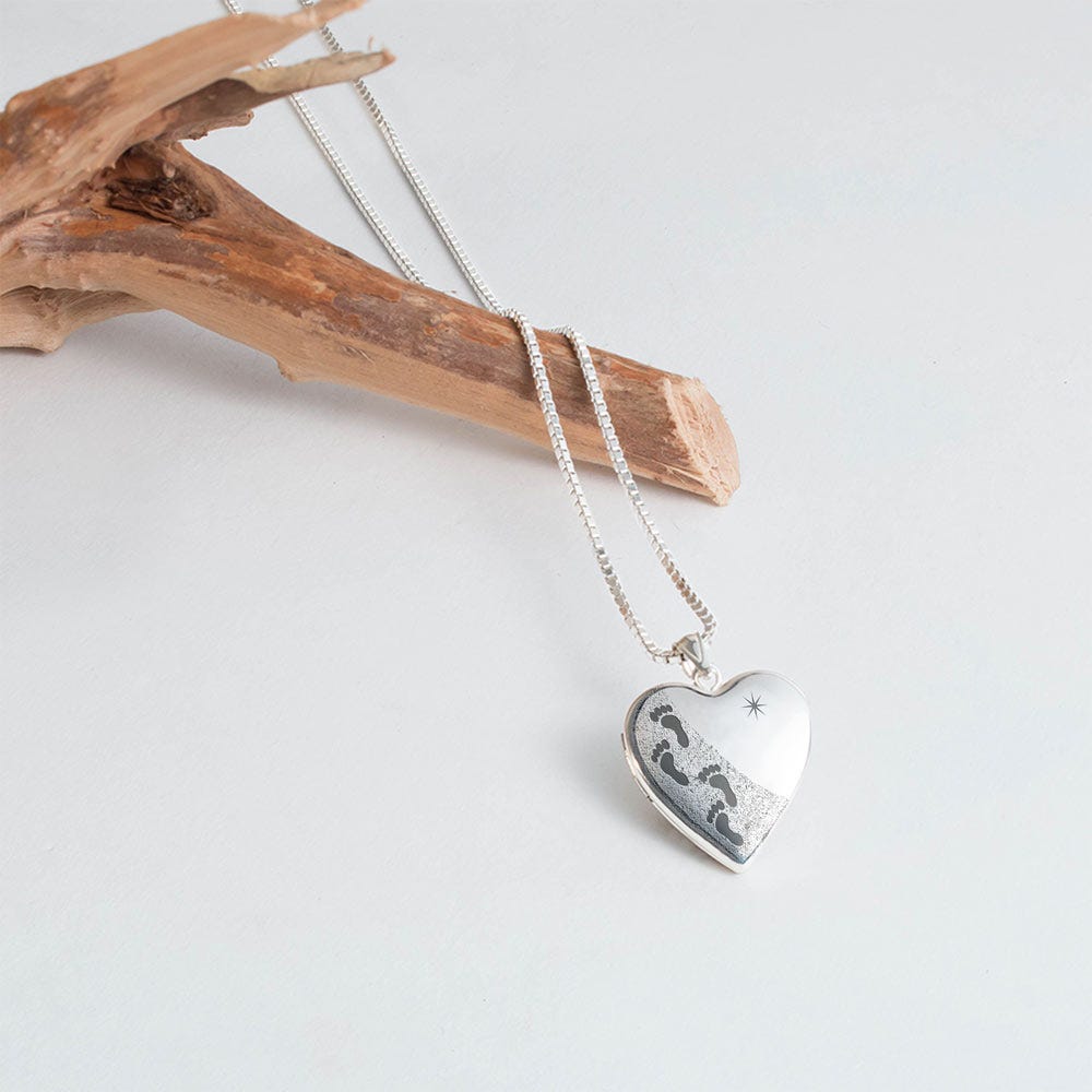Sterling Silver Footprints with Starburst Heart Photo Locket