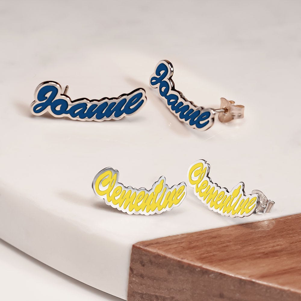 Pair Of Color Enamel Script Name Earrings